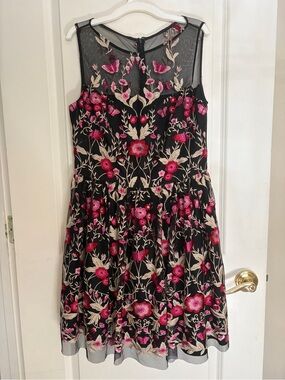 Shoshanna Black Mini Dress with Pink and Cream Floral Embroidery